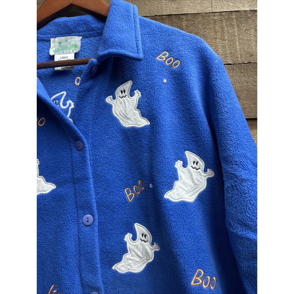 Quacker Factory Halloween Blue Ghost Fleece Top Jacket Shirt Embellished L - Picture 2 of 10